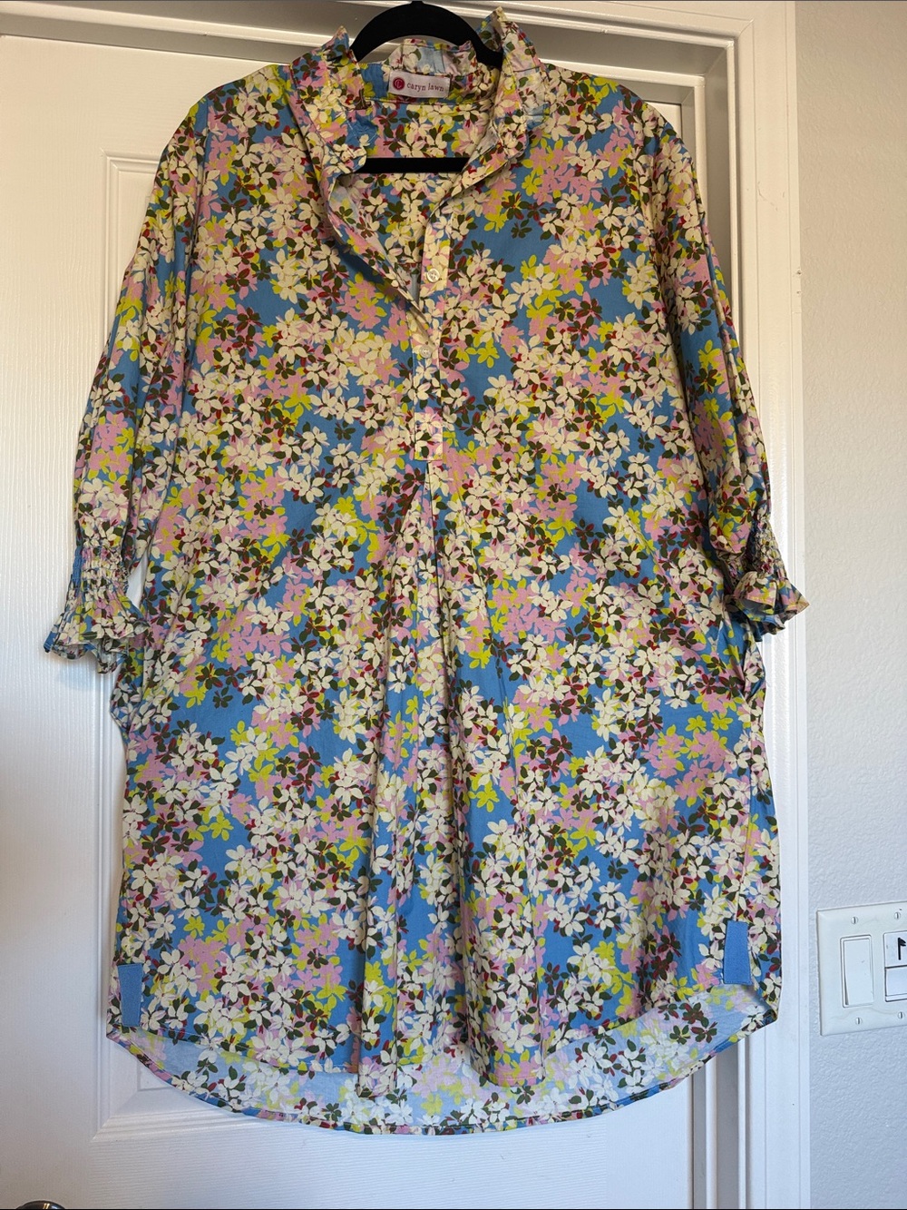 Floral Long-Sleeve Shirt Dress in Blue by Caryn Lawn